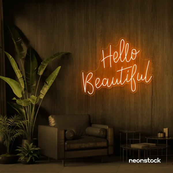 Hello Beautiful neon sign in orange script font for salon styling walls and glam vanity decor.