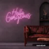 Hello Gorgeous neon sign in baby pink for beauty salons, home vanity walls, and glam room decor.