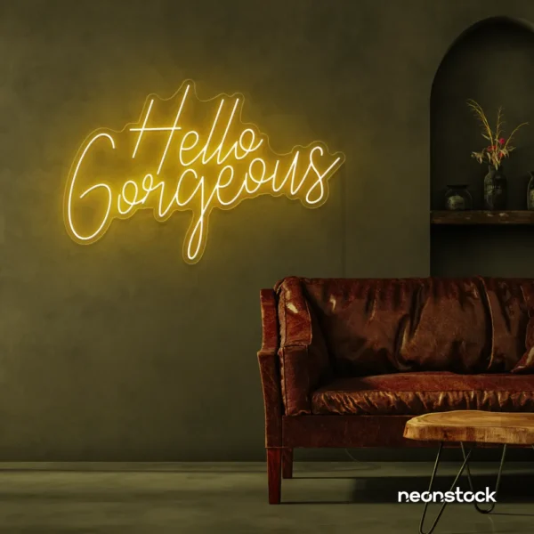 Hello Gorgeous neon sign in golden yellow for beauty salons, home vanity walls, and glam room decor.