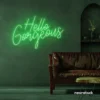 Hello Gorgeous neon sign in green for beauty salons, home vanity walls, and glam room decor.