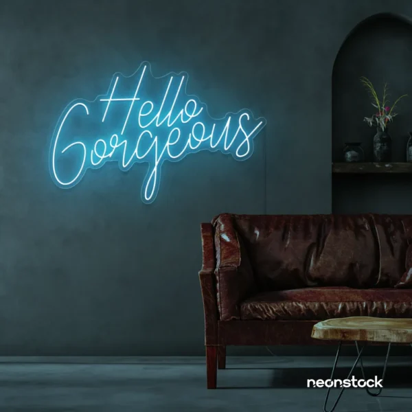 Hello Gorgeous neon sign in ice blue for beauty salons, home vanity walls, and glam room decor.