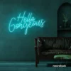 Hello Gorgeous neon sign in mint green for beauty salons, home vanity walls, and glam room decor.