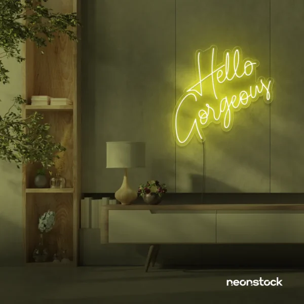 Hello Gorgeous neon sign (script font) in lemon yellow for salons, vanity walls, and glam rooms.
