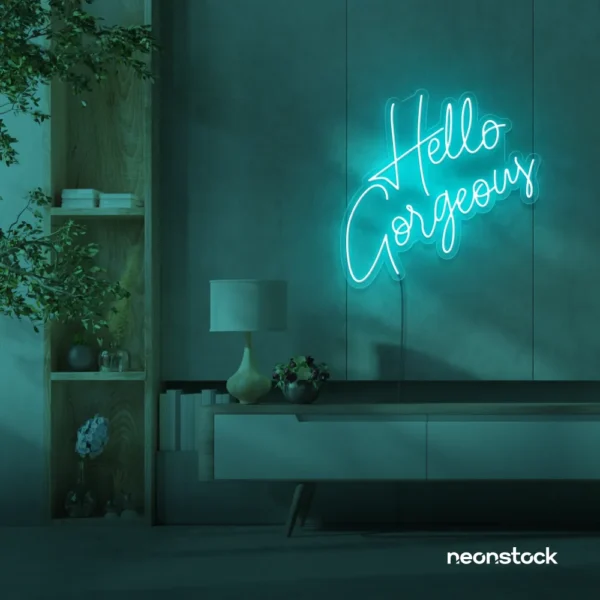 Hello Gorgeous neon sign (script font) in mint green for salons, vanity walls, and glam rooms.