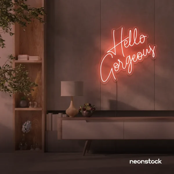 Hello Gorgeous neon sign (script font) in peachy pink for salons, vanity walls, and glam rooms.