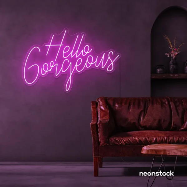 Hello Gorgeous neon sign in pink for beauty salons, home vanity walls, and glam room decor.