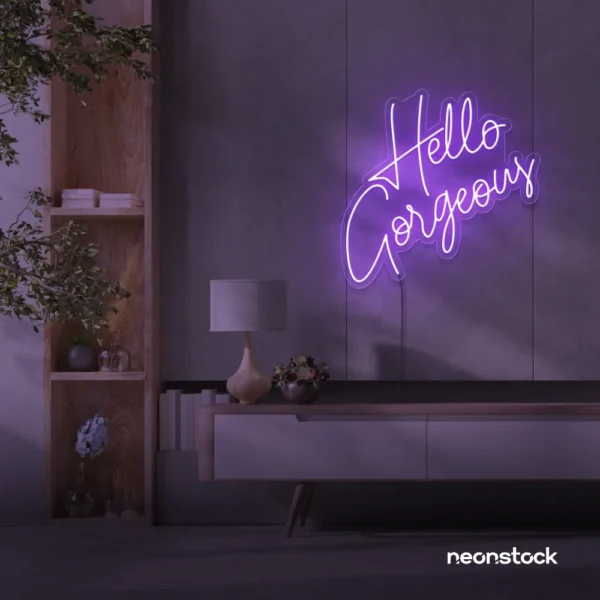 Hello Gorgeous neon sign (script font) in purple for salons, vanity walls, and glam rooms.
