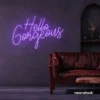 Hello Gorgeous neon sign in purple for beauty salons, home vanity walls, and glam room decor.