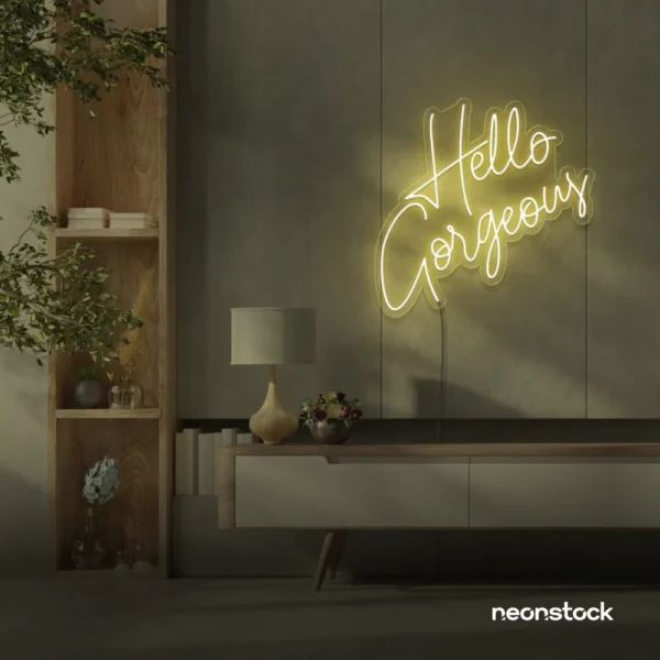 Hello Gorgeous neon sign (script font) in warm white for salons, vanity walls, and glam rooms.