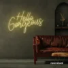 Hello Gorgeous neon sign in warm white for beauty salons, home vanity walls, and glam room decor.