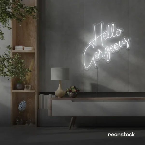 Hello Gorgeous neon sign (script font) in white for salons, vanity walls, and glam rooms.