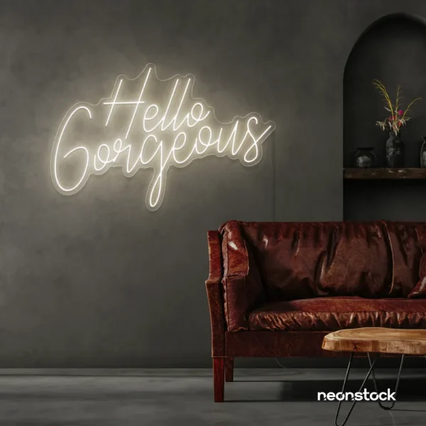 Hello Gorgeous neon sign in neutral white for beauty salons, home vanity walls, and glam room decor.