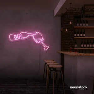 Wine bottle and glass neon sign in baby pink – perfect for wine bars, restaurants, or kitchen wall decor.