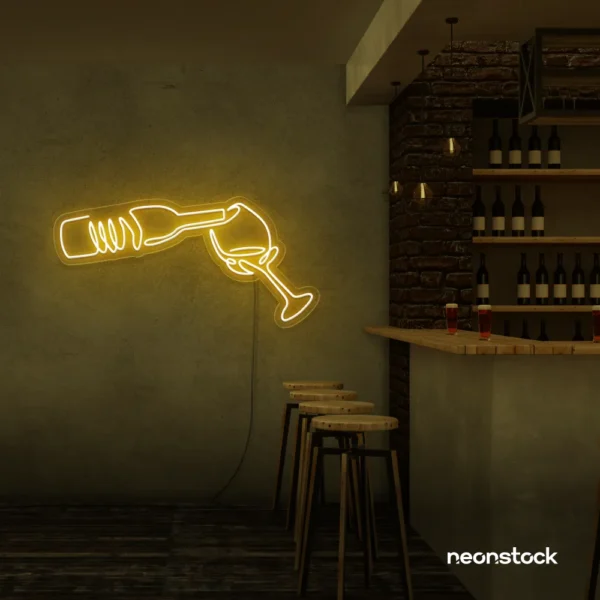 Wine bottle and glass neon sign in golden yellow â€“ perfect for wine bars, restaurants, or kitchen wall decor.