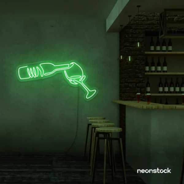 Wine bottle and glass neon sign in green â€“ perfect for wine bars, restaurants, or kitchen wall decor.