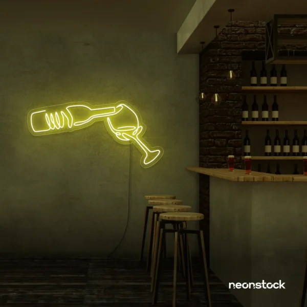 Wine bottle and glass neon sign in lemon yellow â€“ perfect for wine bars, restaurants, or kitchen wall decor.