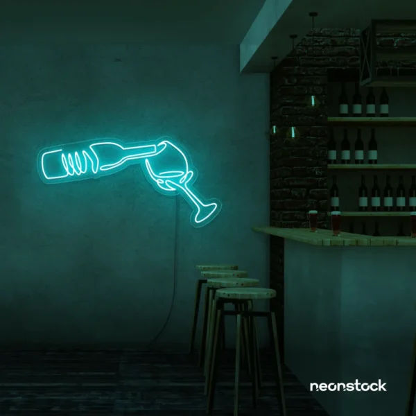 Wine bottle and glass neon sign in mint green â€“ perfect for wine bars, restaurants, or kitchen wall decor.