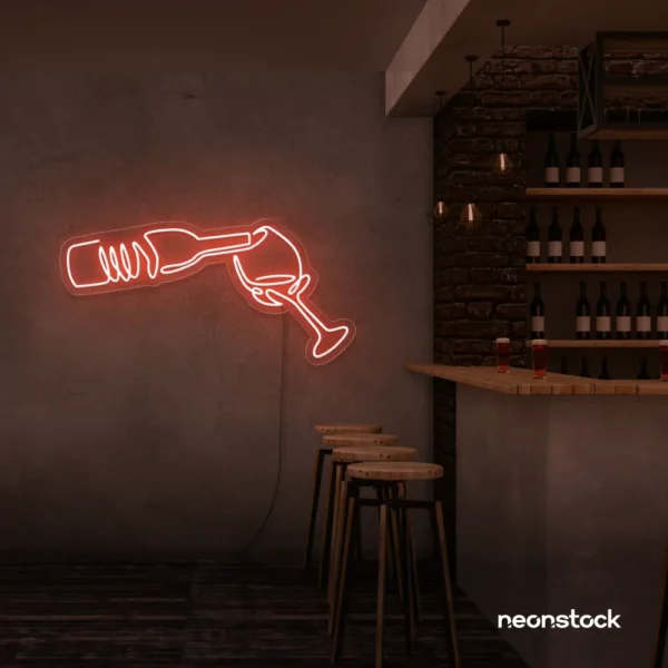 Wine bottle and glass neon sign in peachy pink â€“ perfect for wine bars, restaurants, or kitchen wall decor.