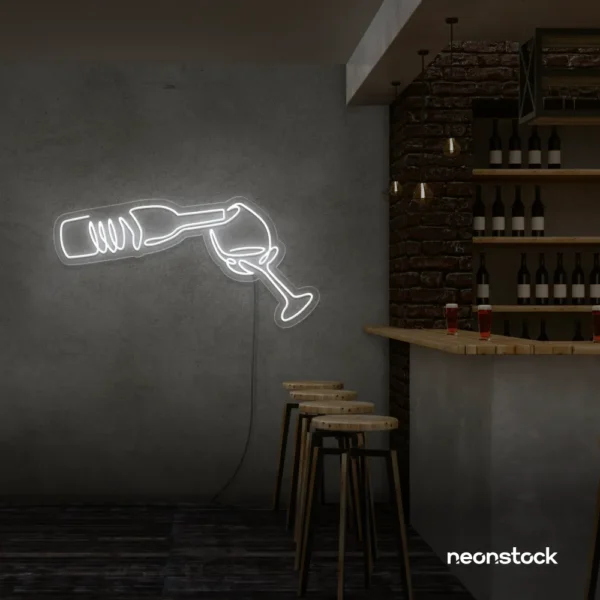 Wine bottle and glass neon sign in white â€“ perfect for wine bars, restaurants, or kitchen wall decor.