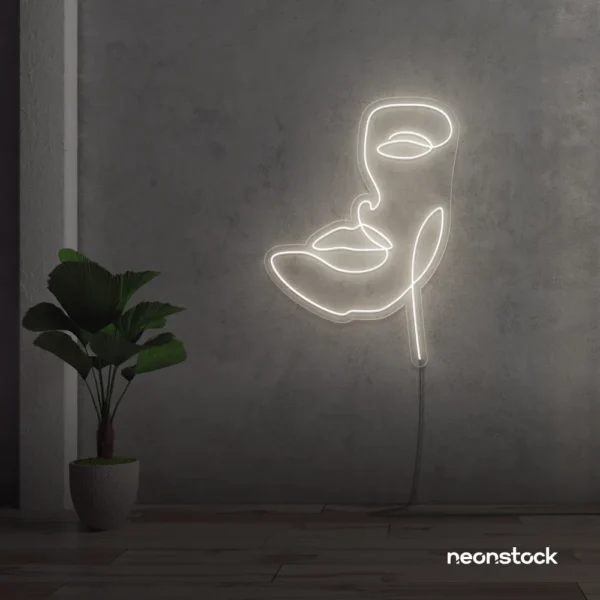 Abstract face neon sign in neutral white for beauty salons, nail studios, and spa wall decor.