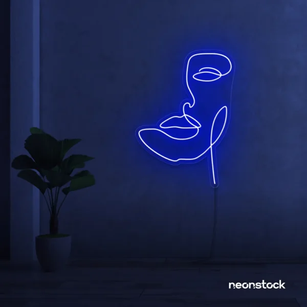 Abstract face neon sign in dark blue for beauty salons, nail studios, and spa wall decor.