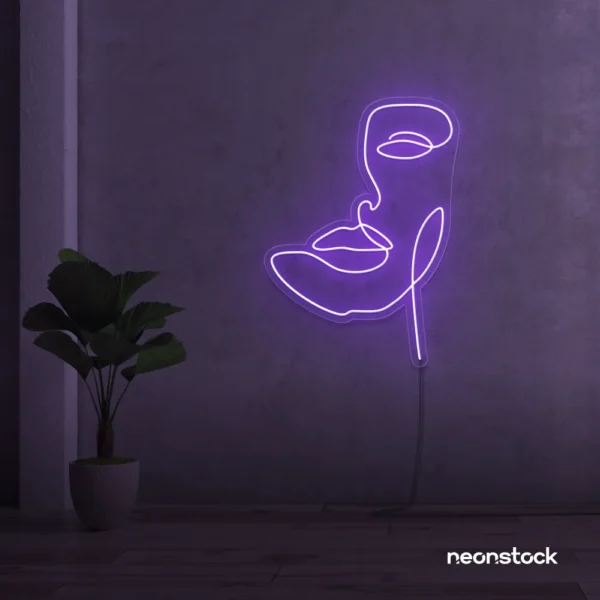 Abstract face neon sign in purple for beauty salons, nail studios, and spa wall decor.