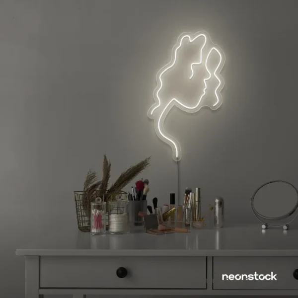 Abstract woman silhouette neon sign in neutral white for salons, studios, and feminine wall decor.