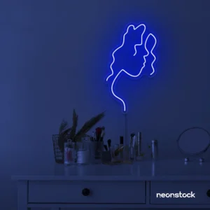 Abstract woman silhouette neon sign in dark blue for salons, studios, and feminine wall decor.