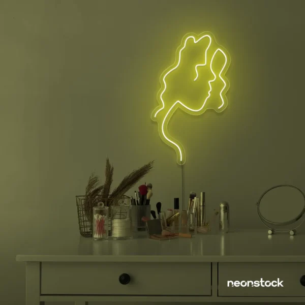 Abstract woman silhouette neon sign in lemon yellow for salons, studios, and feminine wall decor.