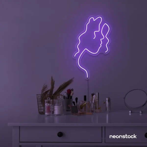 Abstract woman silhouette neon sign in purple for salons, studios, and feminine wall decor.