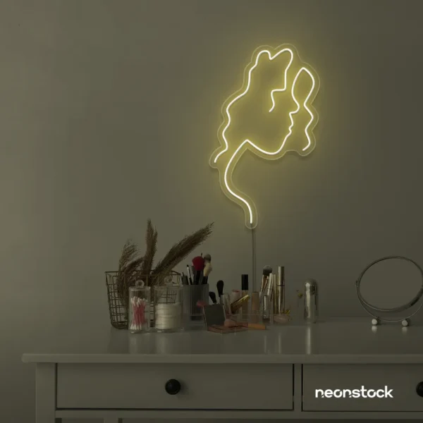 Abstract woman silhouette neon sign in warm white for salons, studios, and feminine wall decor.