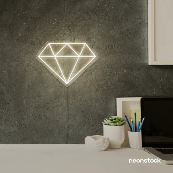 Diamond neon sign in neutral white – luxurious LED decor for glam spaces.