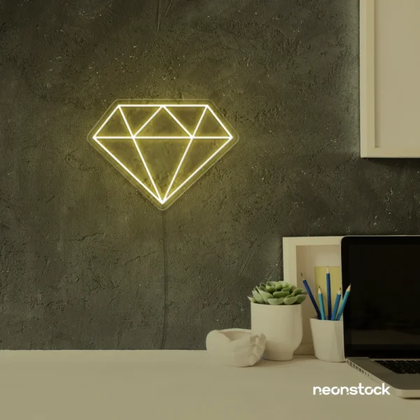 Diamond neon sign in warm white – luxurious LED decor for glam spaces.