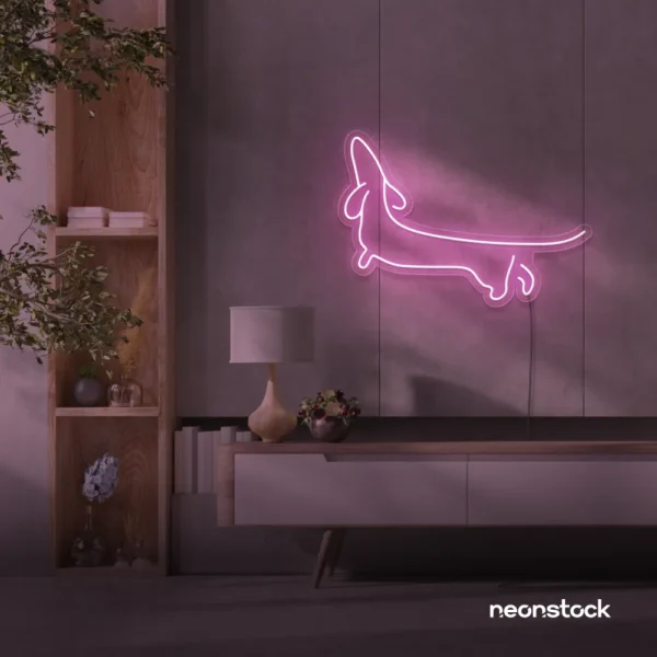 Dachshund dog neon sign in baby pink for pet decor and dog-themed wall art.