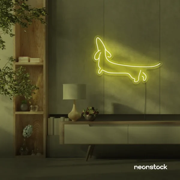Dachshund dog neon sign in lemon yellow for pet decor and dog-themed wall art.
