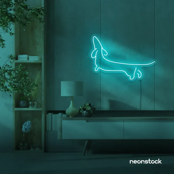 Dachshund dog neon sign in mint green for pet decor and dog-themed wall art.