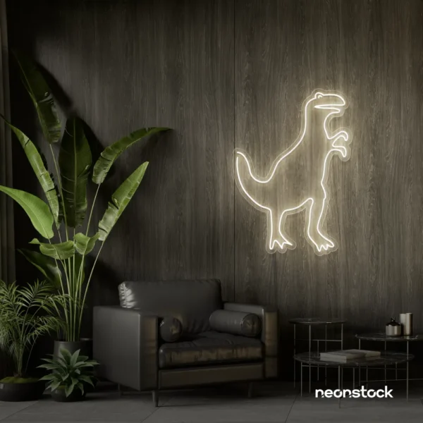 T-Rex dinosaur neon sign in neutral white for kids' bedrooms, dino-themed decor, and playroom walls.