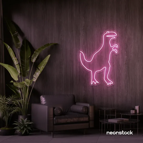 T-Rex dinosaur neon sign in baby pink for kids' bedrooms, dino-themed decor, and playroom walls.