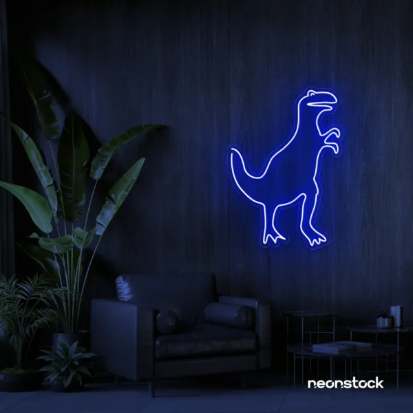 T-Rex dinosaur neon sign in dark blue for kids' bedrooms, dino-themed decor, and playroom walls.