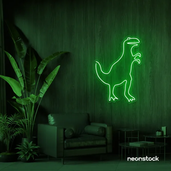T-Rex dinosaur neon sign in deep green for kids' bedrooms, dino-themed decor, and playroom walls.