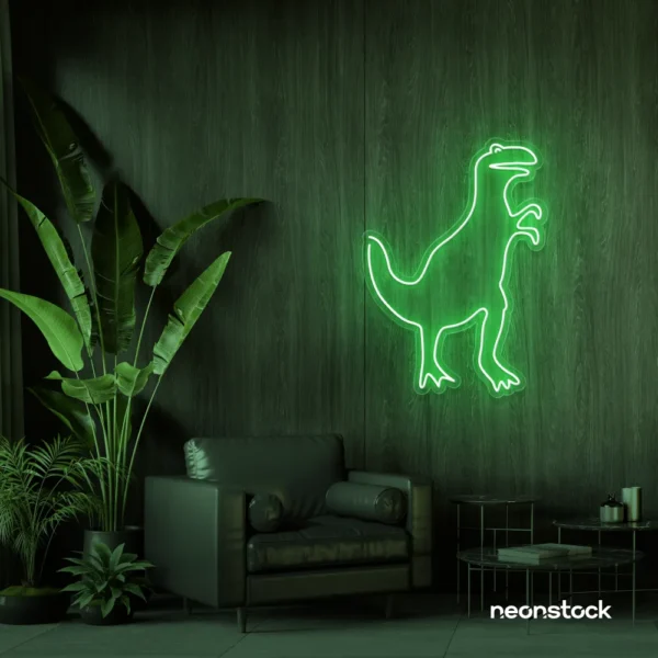 T-Rex dinosaur neon sign in green for kids' bedrooms, dino-themed decor, and playroom walls.