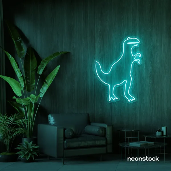 T-Rex dinosaur neon sign in mint green for kids' bedrooms, dino-themed decor, and playroom walls.