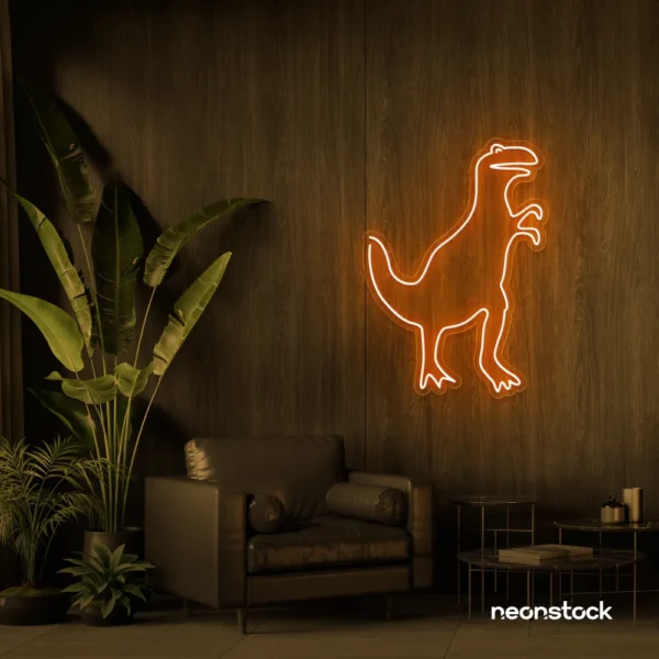 T-Rex dinosaur neon sign in orange for kids' bedrooms, dino-themed decor, and playroom walls.