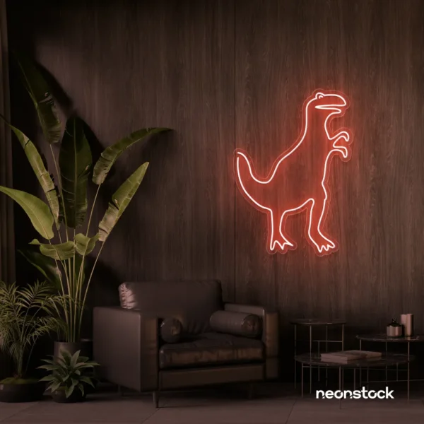 T-Rex dinosaur neon sign in peachy pink for kids' bedrooms, dino-themed decor, and playroom walls.