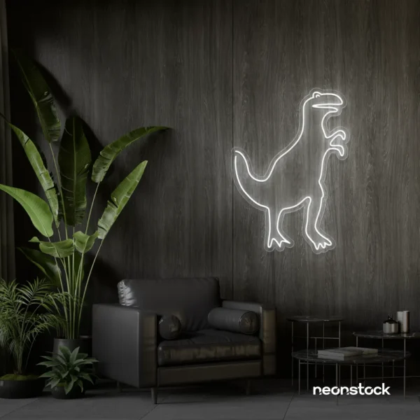 T-Rex dinosaur neon sign in white for kids' bedrooms, dino-themed decor, and playroom walls.