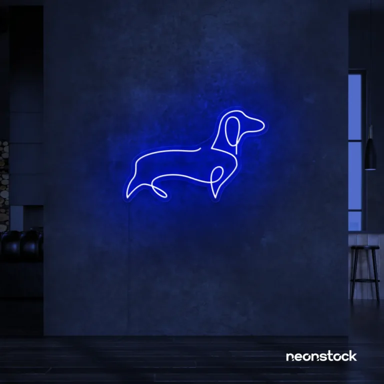 Dog neon sign in dark blue – perfect LED wall decor for pet lovers and dog owners.