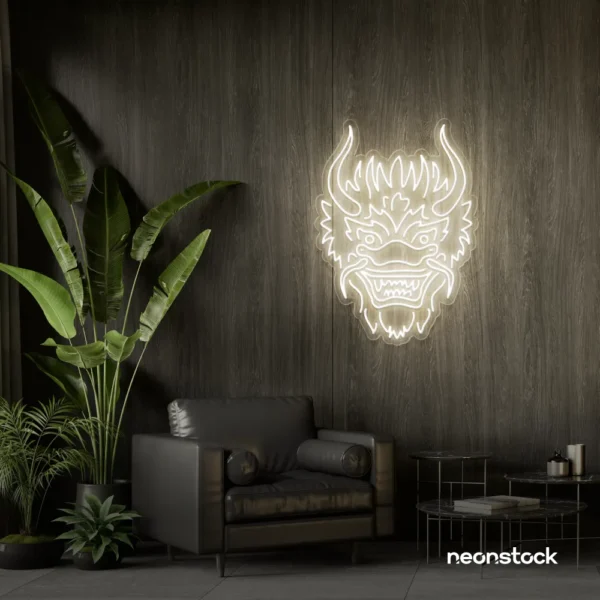 Dragon face neon sign in neutral white – fierce LED wall light for fantasy and gaming decor.