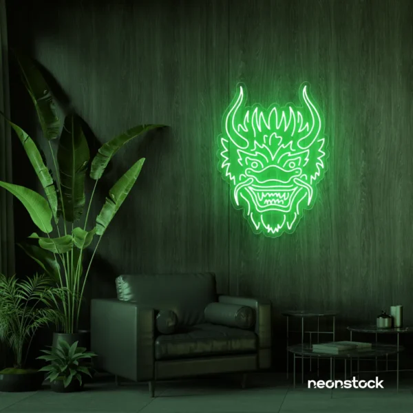 Dragon face neon sign in green – fierce LED wall light for fantasy and gaming decor.