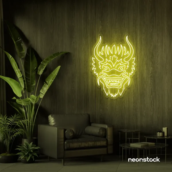 Dragon face neon sign in lemon yellow – fierce LED wall light for fantasy and gaming decor.