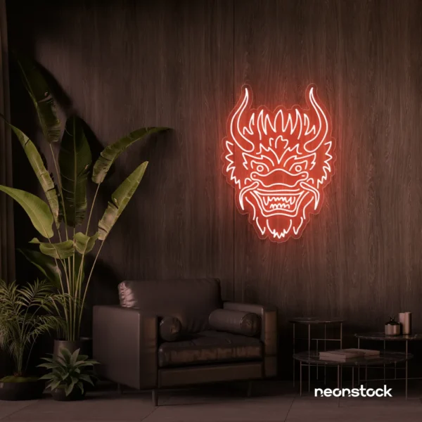Dragon face neon sign in peachy pink – fierce LED wall light for fantasy and gaming decor.